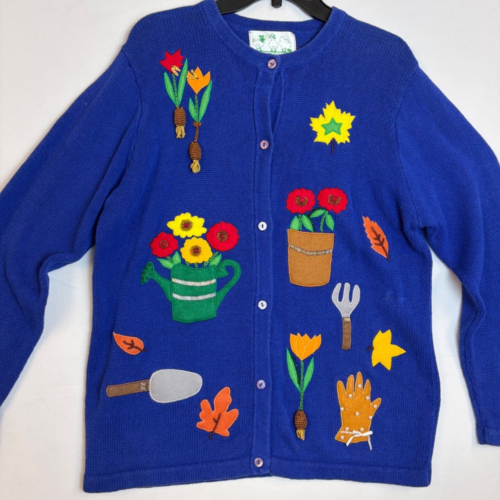 Quacker Factory Royal Blue Garden Spring Cardigan Sweater Womens Large Grandma